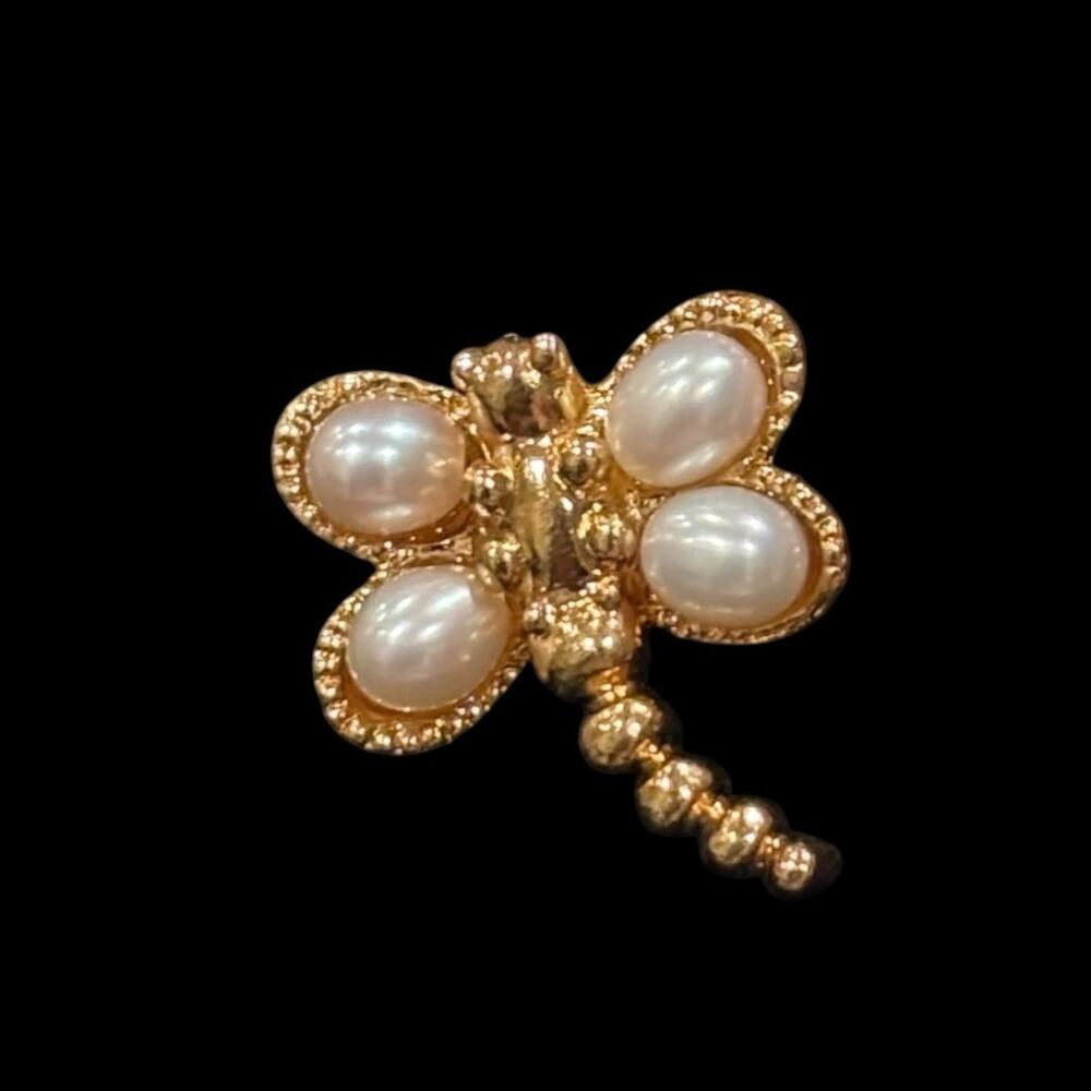 Vintage 80s Avon Genuine Pearl Dragonfly Gold Tone Mini Pendant .75" |19 mm